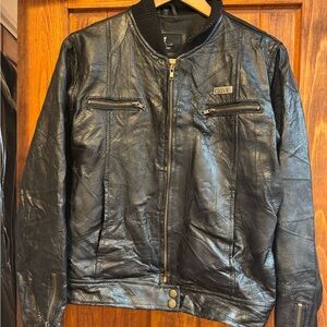 M. Collection - large Motorcycle leather jacket with zippers- black